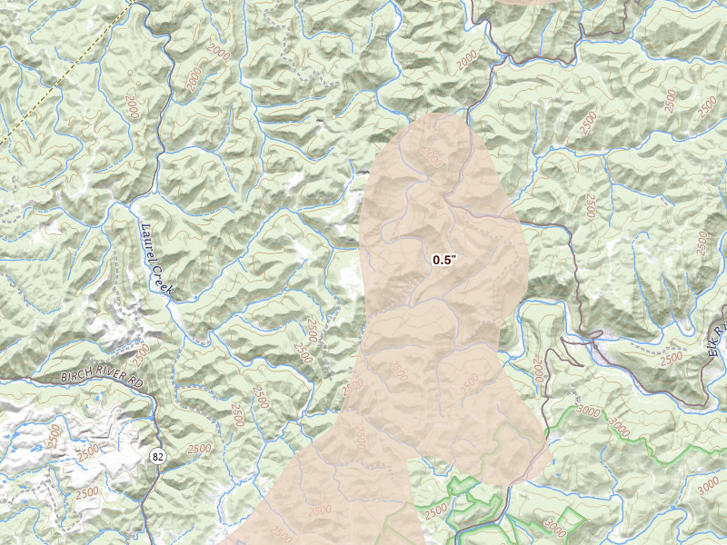 Radar-estimated hail-size map of the storm over Webster Springs, WV on Jul 4, 2026
