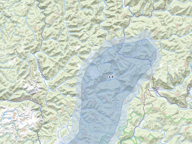 NEXRAD radar-signature map of the hail over Webster Springs, WV