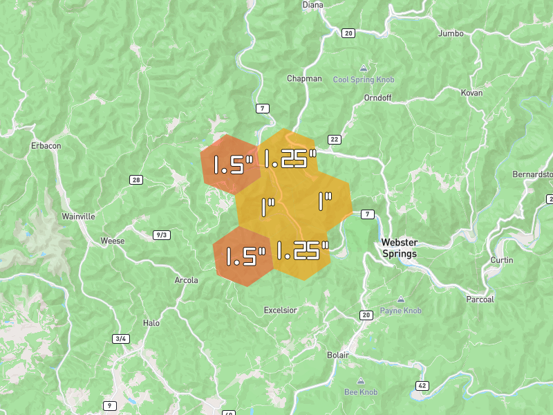 Hail map of Webster Springs, WV on Jul 4, 2026, hail up to 1.5"