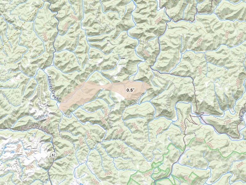 Radar-estimated hail-size map of the storm over Webster Springs, WV on Aug 2, 2026