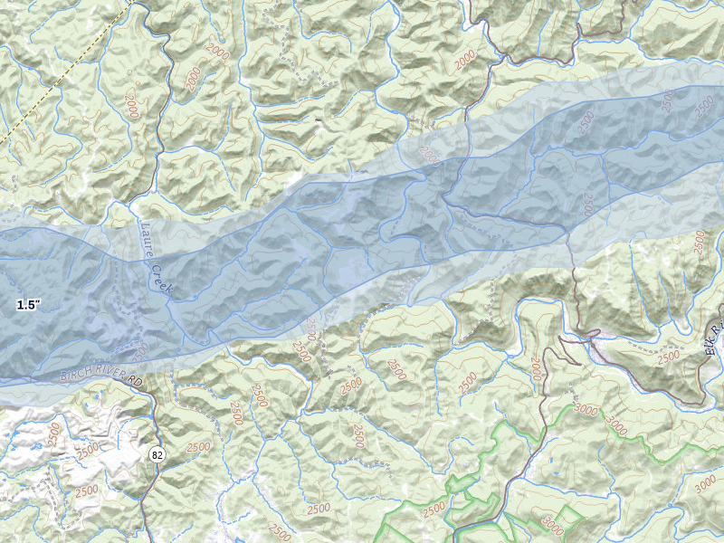 NEXRAD radar-signature map of the hail over Webster Springs, WV