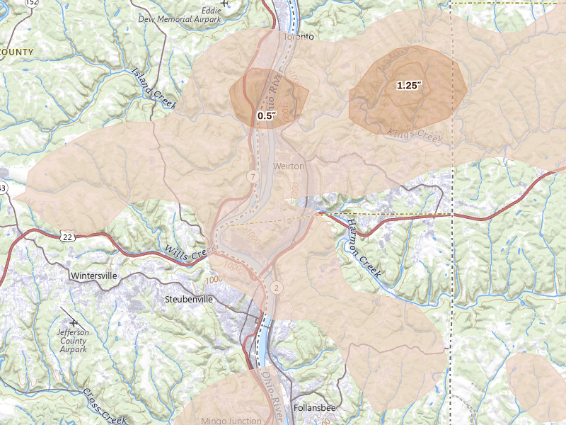 Radar-estimated hail-size map of the storm over Weirton, WV