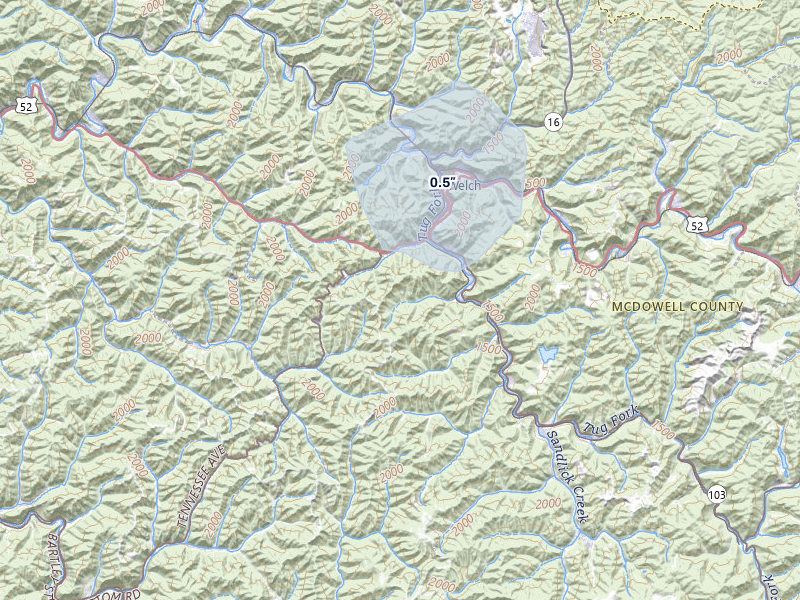 NEXRAD radar-signature map of the hail over Welch, WV