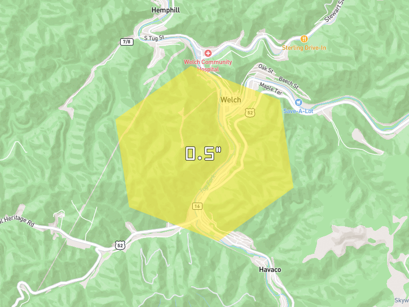 Hail map of Welch, WV on Jun 2, 2026, hail up to 0.5"
