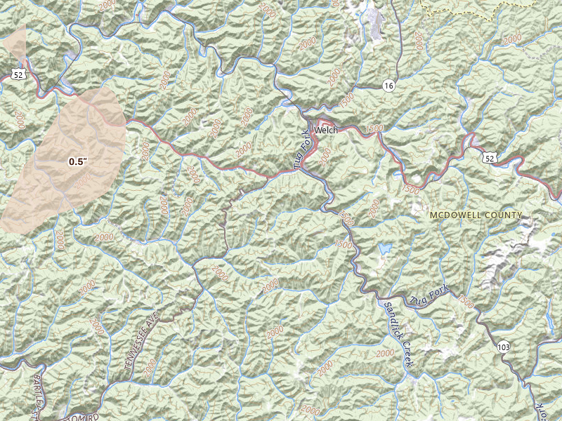 Radar-estimated hail-size map of the storm over Welch, WV on Jul 4, 2026