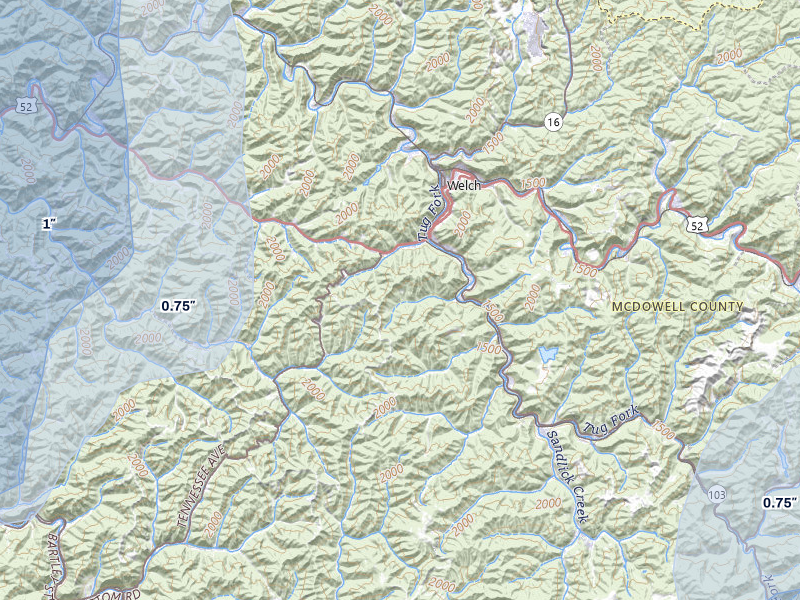 NEXRAD radar-signature map of the hail over Welch, WV