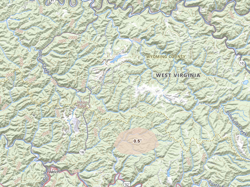 Radar-estimated hail-size map of the storm over Welch, WV on Aug 22, 2026