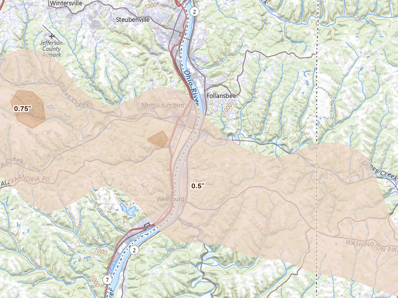 Radar-estimated hail-size map of the storm over Wellsburg, WV on Mar 26, 2026