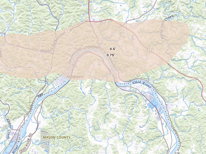 Radar-estimated hail-size map of the storm over West Columbia, WV on Apr 1, 2026