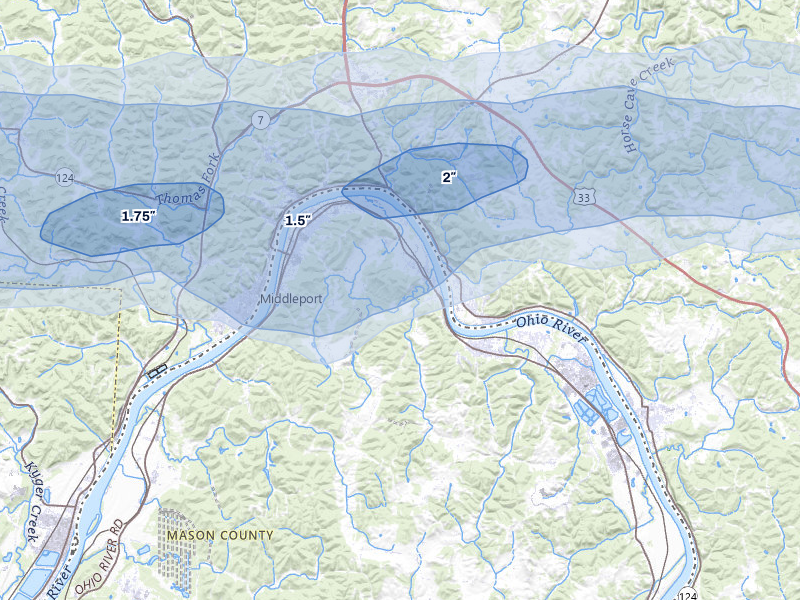 NEXRAD radar-signature map of the hail storm over West Columbia, WV on Apr 1, 2026