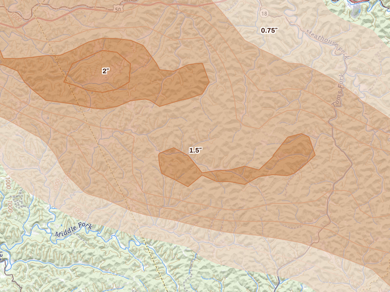 Radar-estimated hail-size map of the storm over West Union, WV on Jul 21, 2026