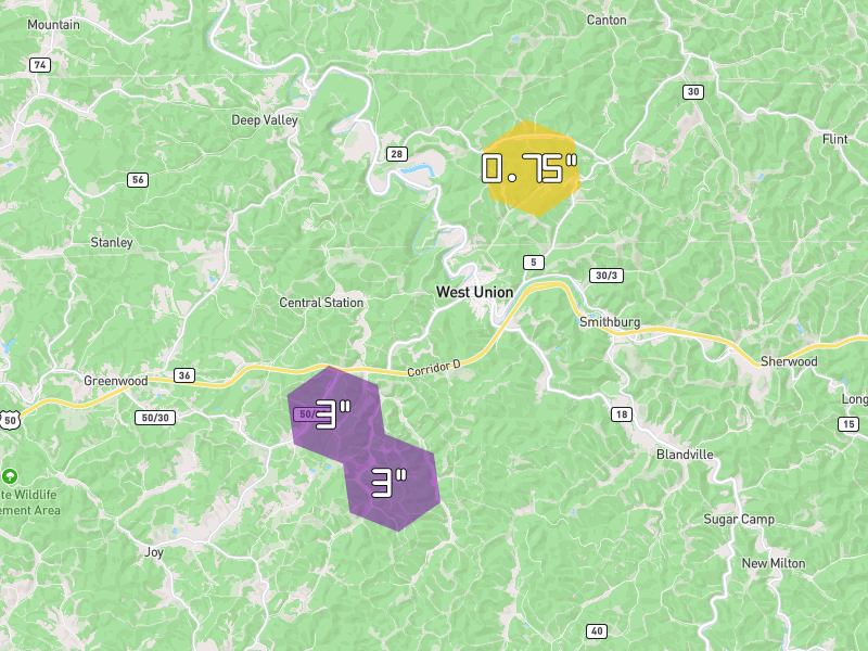 Hail map of West Union, WV on Jul 21, 2026, hail up to 3"