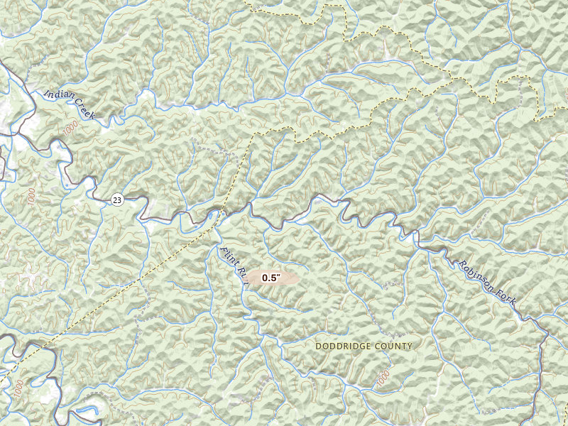 Radar-estimated hail-size map of the storm over West Union, WV on Aug 10, 2026
