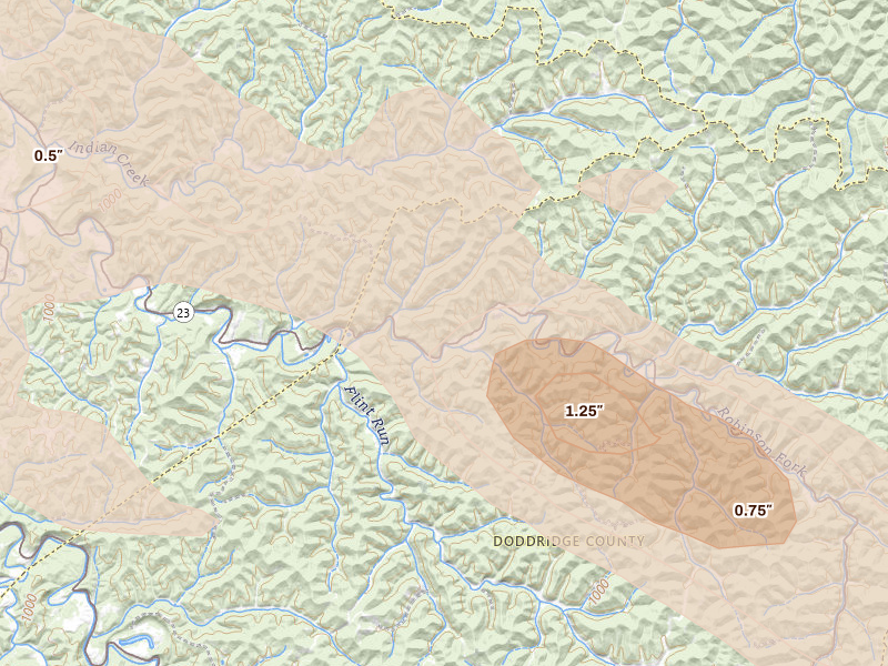 Radar-estimated hail-size map of the storm over West Union, WV on Sep 3, 2026