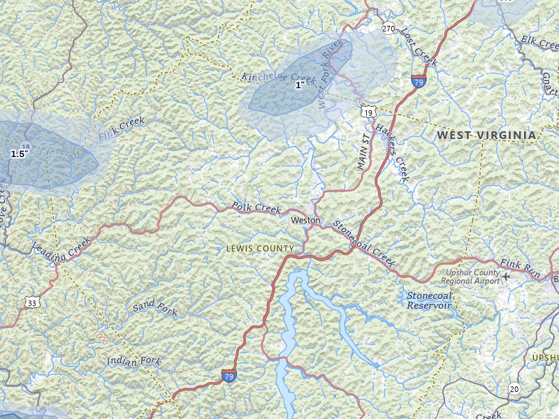 NEXRAD radar-signature map of the hail over Weston, WV