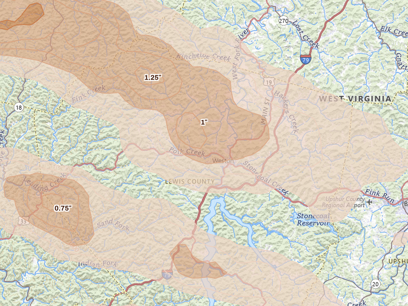 Radar-estimated hail-size map of the storm over Weston, WV on Jul 21, 2026