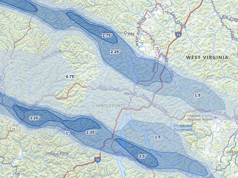 NEXRAD radar-signature map of the hail over Weston, WV