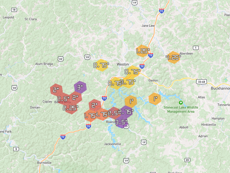 Hail map of Weston, WV on Jul 21, 2026, hail up to 3.5"
