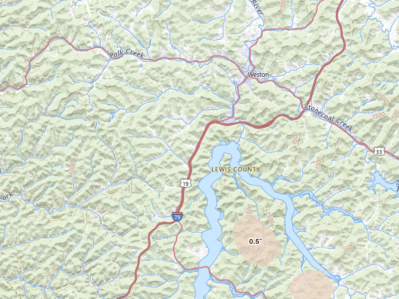 Radar-estimated hail-size map of the storm over Weston, WV