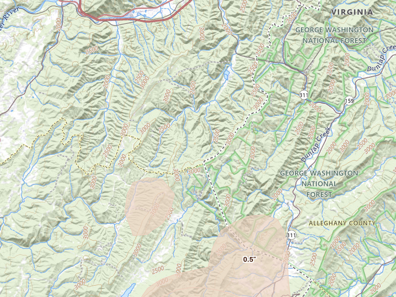 Radar-estimated hail-size map of the storm over White Sulphur Springs, WV on Jul 4, 2026