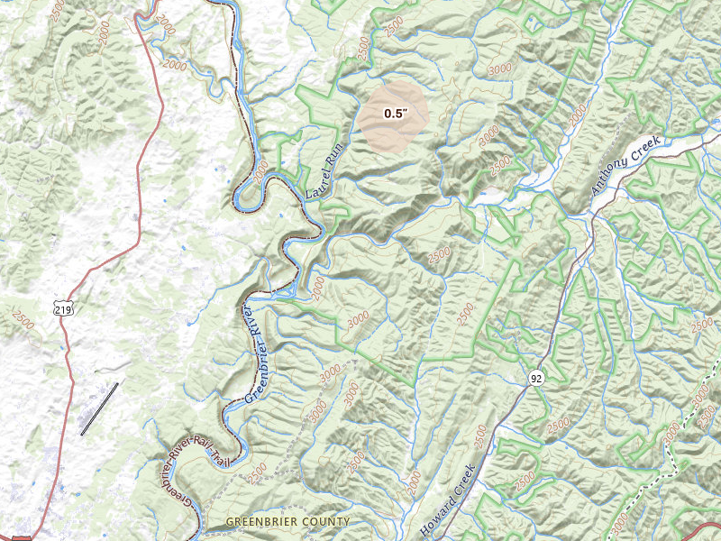 Radar-estimated hail-size map of the storm over White Sulphur Springs, WV on Aug 7, 2026