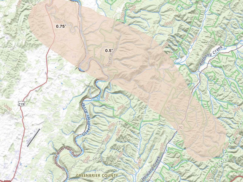 Radar-estimated hail-size map of the storm over White Sulphur Springs, WV
