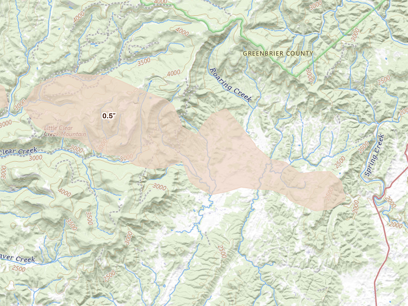 Radar-estimated hail-size map of the storm over Williamsburg, WV on Mar 4, 2026