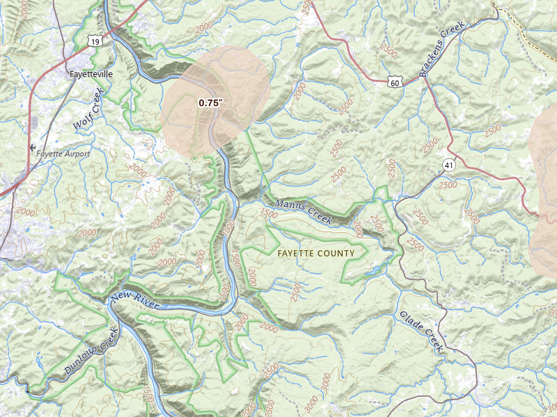 Radar-estimated hail-size map of the storm over Winona, WV on Jul 4, 2026