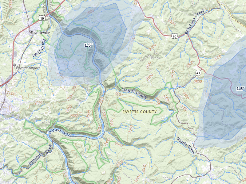 NEXRAD radar-signature map of the hail over Winona, WV