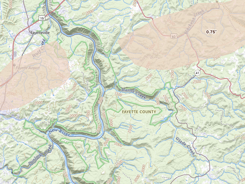 Radar-estimated hail-size map of the storm over Winona, WV on Aug 2, 2026