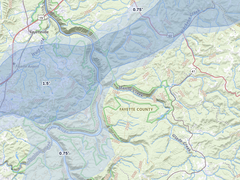 NEXRAD radar-signature map of the hail over Winona, WV
