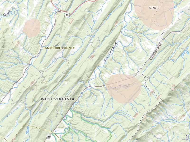 Radar-estimated hail-size map of the storm over Yellow Spring, WV on Jul 4, 2026