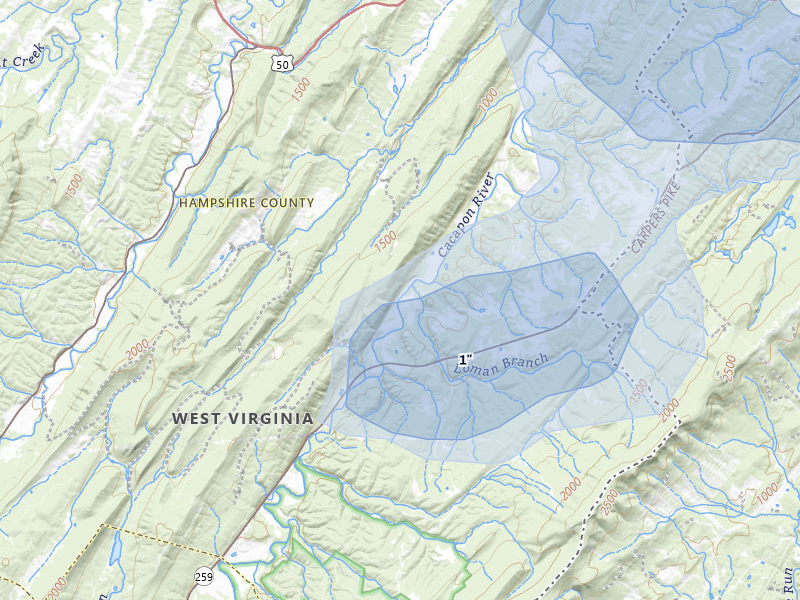NEXRAD radar-signature map of the hail over Yellow Spring, WV