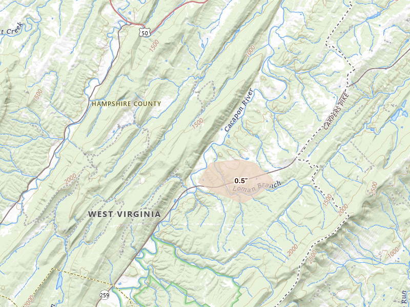 Radar-estimated hail-size map of the storm over Yellow Spring, WV on Jul 21, 2026