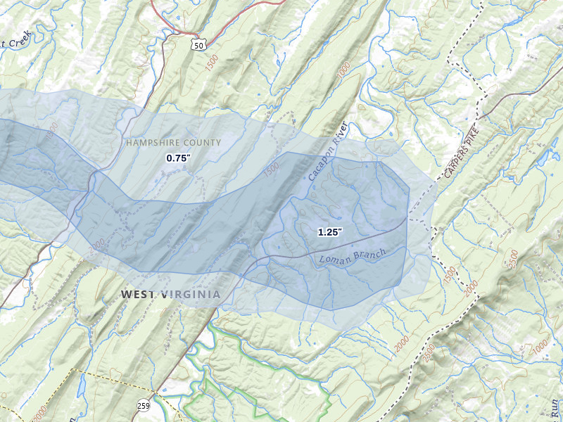 NEXRAD radar-signature map of the hail over Yellow Spring, WV