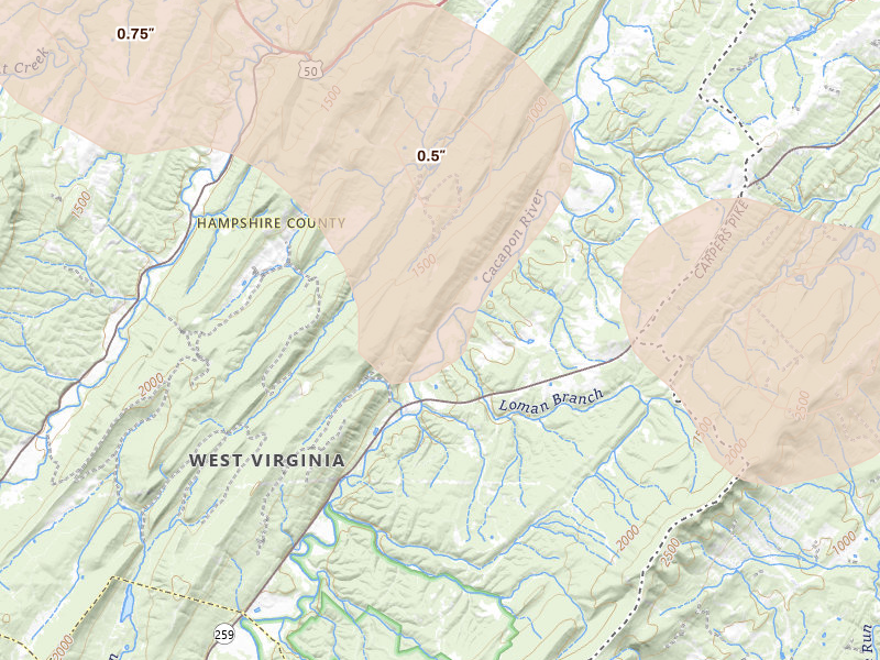 Radar-estimated hail-size map of the storm over Yellow Spring, WV