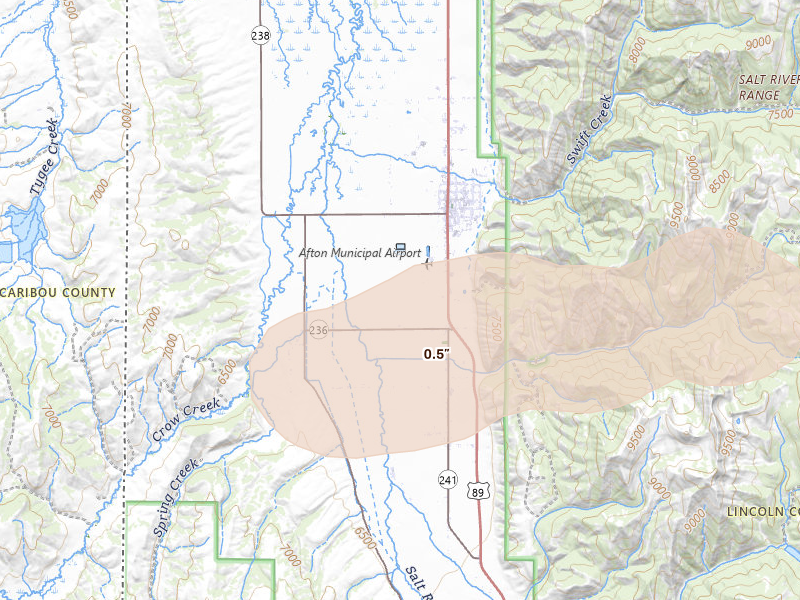 Radar-estimated hail-size map of the storm over Afton, WY on Aug 22, 2026