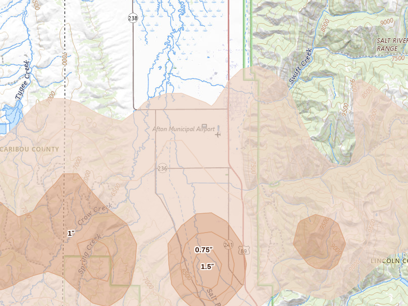 Radar-estimated hail-size map of the storm over Afton, WY on Aug 28, 2026