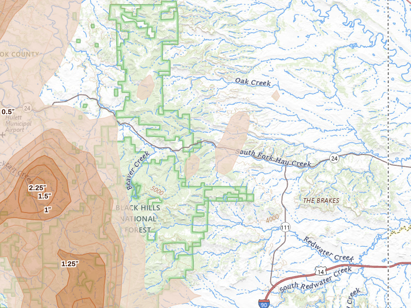 Radar-estimated hail-size map of the storm over Aladdin, WY on Jun 2, 2026