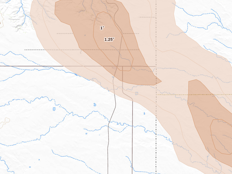 Radar-estimated hail-size map of the storm over Albin, WY on Jun 22, 2026