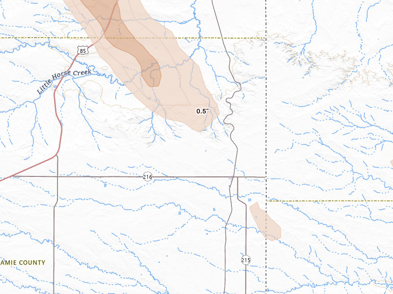 Radar-estimated hail-size map of the storm over Albin, WY on Aug 25, 2026