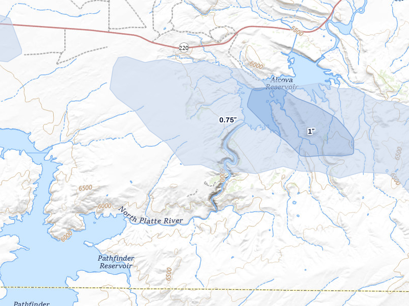 NEXRAD radar-signature map of the hail storm over Alcova, WY on Jul 9, 2026