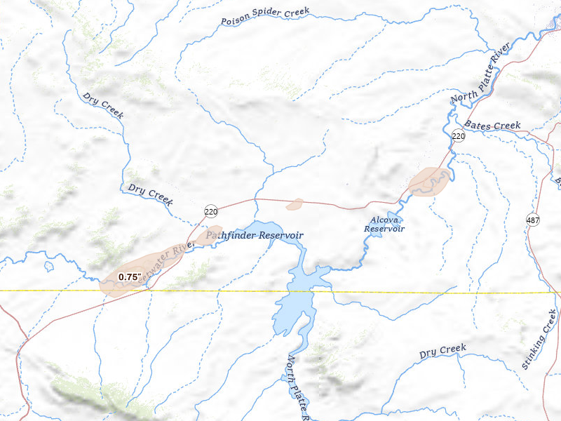 Radar-estimated hail-size map of the storm over Alcova, WY on Aug 13, 2026