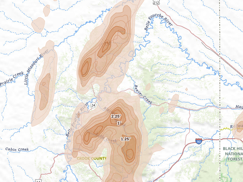 Radar-estimated hail-size map of the storm over Alva, WY on Jun 2, 2026