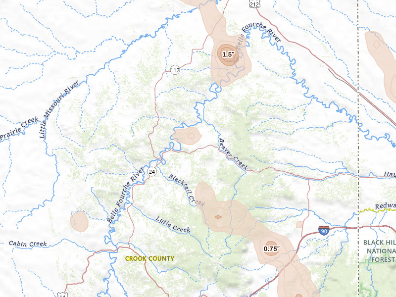 Radar-estimated hail-size map of the storm over Alva, WY on Jul 8, 2026