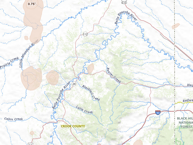 Radar-estimated hail-size map of the storm over Alva, WY on Jul 16, 2026