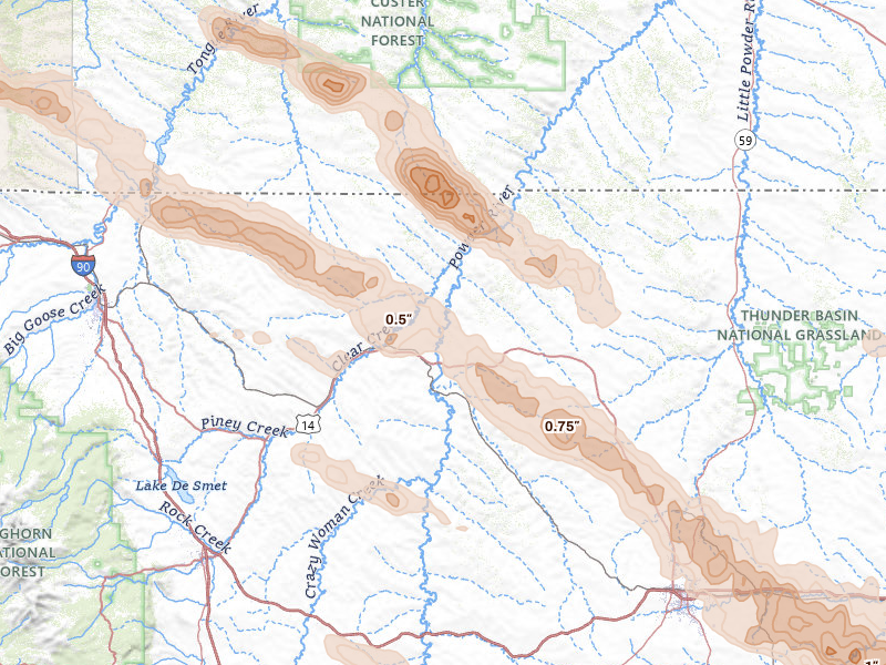 Radar-estimated hail-size map of the storm over Arvada, WY on Jun 22, 2026