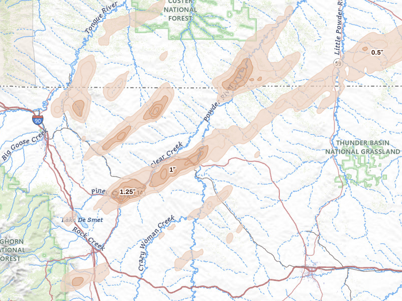 Radar-estimated hail-size map of the storm over Arvada, WY on Jun 27, 2026