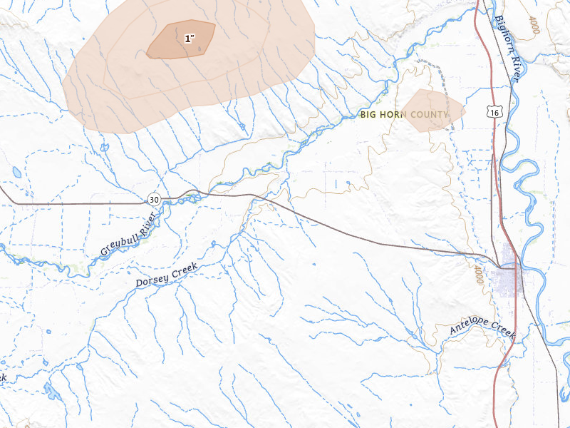 Radar-estimated hail-size map of the storm over Basin, WY on Jul 7, 2026