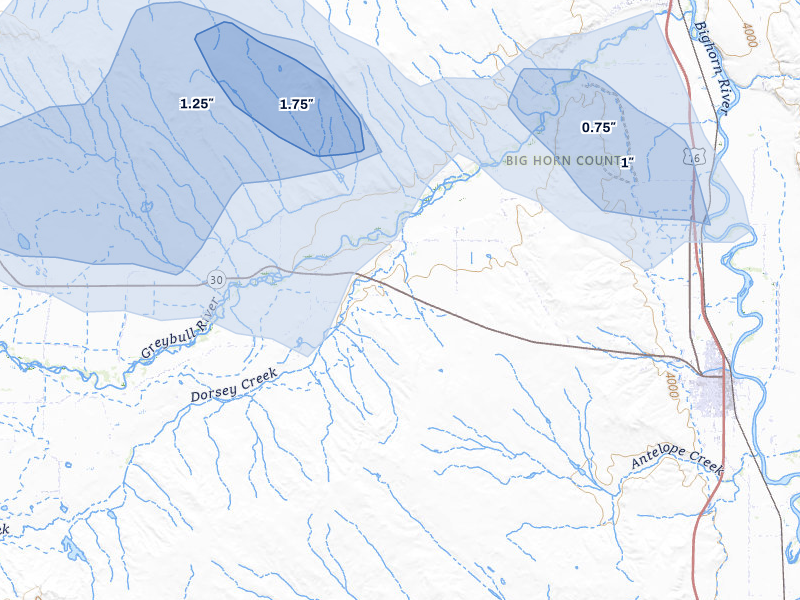NEXRAD radar-signature map of the hail storm over Basin, WY on Jul 7, 2026